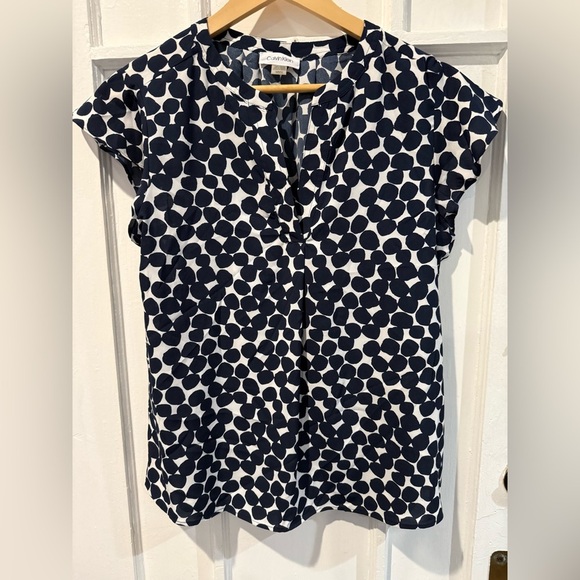 Calvin Klein Navy and White Polka Dot Blouse - Picture 1 of 3
